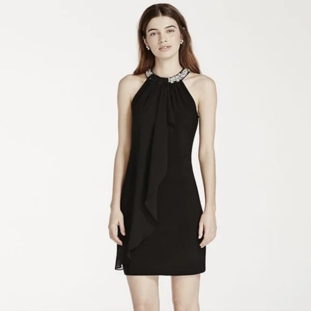 Hailey by Adrianna Papell Beaded Halter Draped Front Cocktail Dress